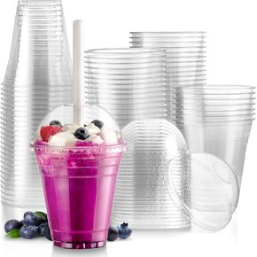 Fit Meal Prep 100 Pack 16 oz Disposable Plastic Coffee Cups with Dome Lids, To Go Iced Coffee Cups with Lids, BPA Free Clear Parfait Cups for Party, Smoothie, Bubble Boba, Juice, Milkshake