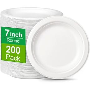 Small Paper Plates, 200 Pack Bulk Paper Plates 7 inch, 100% Compostable Paper Plates Disposable, White Paper Plates for Dessert Cake, Recycled Paper Plates Made of Sugarcane Fibers