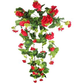 Artificial Hanging Flower Geranium Basket Faux Flowers Geranium Hanging Artificial Vine Silk Geranium Flowers Red Teardrop Flower Swag for Wall Patio Lawn Garden Wedding Indoor Outdoor Decor
