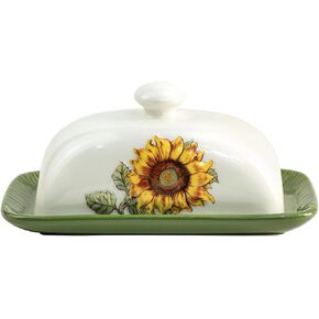 Ceramic Butter Dish with Lid Butter Keeper Butter Plate Tray for Kitchen Countertop Embossed Sunflower Pattern Butter Crock Keeper Saver