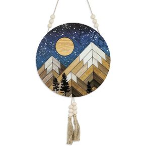 Putuo Decor Round Wooden Aztec Wall Decor, 11.8" Mountain and Moon Design - Nature-Inspired Home Decor, Ideal for Rustic & Natural Scenery Lovers, Perfect for Living Room and Cabin Settings