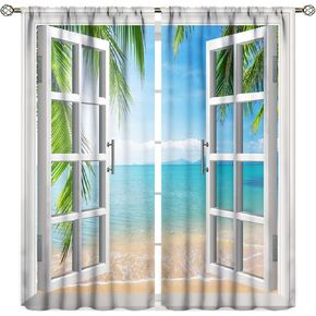 Beach Window Curtain,Palms Tropical Island Summer Vacation Blackout Rod Pocket Window Drapes for Living Room Bedroom Hotels,2 Panel Set W42xL45in
