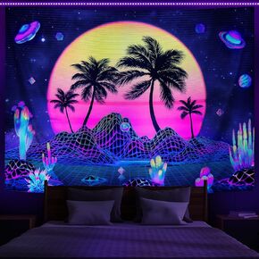 Racunbula Blacklight Sun Mountain Tapestry Galaxy Planet Wall Tapestry UV Reactive Abstract Vaporwave Tapestry Neon Cactus Coconut Trees Tapestry Wall Hanging for Room