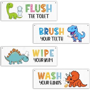 4 Pcs Cute Dinosaur Bathroom Wall Decor Sign, Bathroom Wall Art Decor Gift For Kids, Flush The Toilet Wash Your Hands Wooden Hanging Plaque Sign For Home Bathroom Restroom Nursery Kindergarten -17