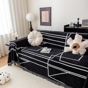 Dog Couch Cover Chenille Reversible Black Couch Protector,Sectional Sofa Cover Bohemian Decor for Sofa (Black Minimalist, X-Large:71"x134")