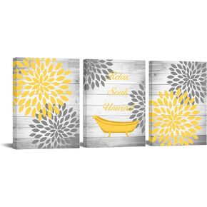 RyounoArt 3 Pieces Yellow Gray Bathroom Wall Art Prints Dahlia Flowers Relax Soak Unwind Signs on Rustic Wood Background Canvas Picture Stretched and Framed for Bedroom Living Room Ready to Hang