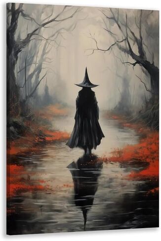 JsGwyllion Vintage Country Witch Poster Halloween Canvas Wall Art Witch in the Forest Painting Print Gothic Dark Gloomy Wall Decor for Living Room Bedroom16x24in Unframed in Saudi Arabia