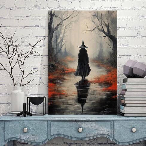JsGwyllion Vintage Country Witch Poster Halloween Canvas Wall Art Witch in the Forest Painting Print Gothic Dark Gloomy Wall Decor for Living Room Bedroom16x24in Unframed in Saudi Arabia