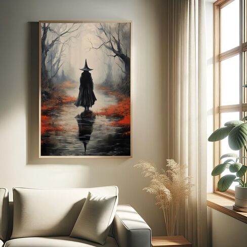 JsGwyllion Vintage Country Witch Poster Halloween Canvas Wall Art Witch in the Forest Painting Print Gothic Dark Gloomy Wall Decor for Living Room Bedroom16x24in Unframed in Saudi Arabia