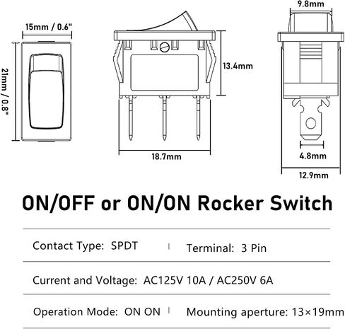 5 Pcs Rocker Switch ON/OFF (ON/ON), 15mm×21mm 12V 24V 125V 250V, 3 Pin Boat Toggle Rocker Switch in Saudi Arabia
