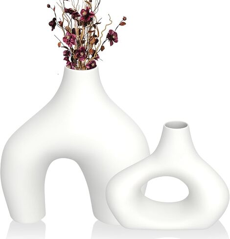Premium Decor Donut Vase - White Ceramic Donut Shape Irregular Vase Set of 2: for Flowers or Pampas Grass. Farmhouse Vases, Also for Mediterranean Decor, Nordic, and Minimalist Decor in Saudi Arabia