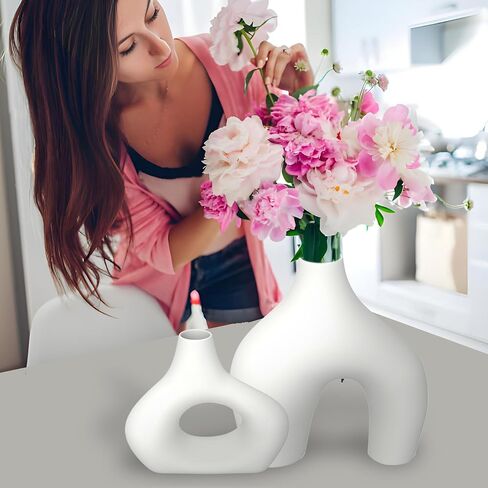 Premium Decor Donut Vase - White Ceramic Donut Shape Irregular Vase Set of 2: for Flowers or Pampas Grass. Farmhouse Vases, Also for Mediterranean Decor, Nordic, and Minimalist Decor in Saudi Arabia