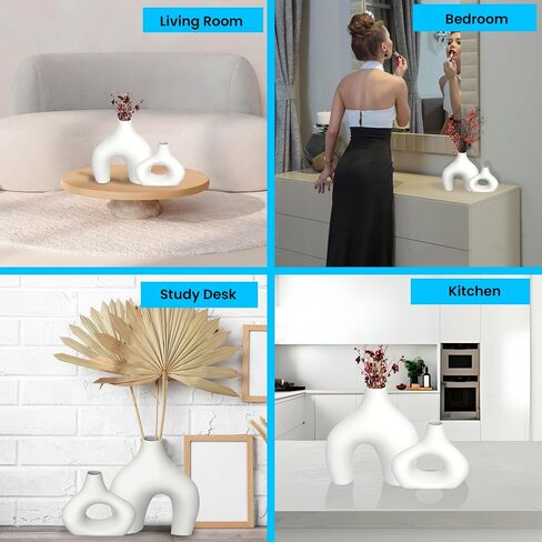 Premium Decor Donut Vase - White Ceramic Donut Shape Irregular Vase Set of 2: for Flowers or Pampas Grass. Farmhouse Vases, Also for Mediterranean Decor, Nordic, and Minimalist Decor in Saudi Arabia