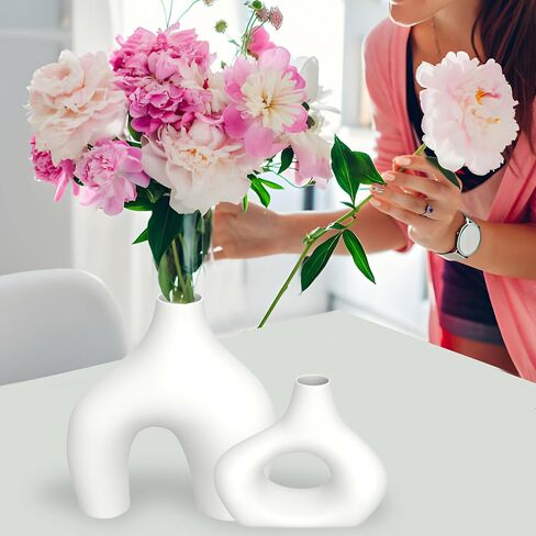 Premium Decor Donut Vase - White Ceramic Donut Shape Irregular Vase Set of 2: for Flowers or Pampas Grass. Farmhouse Vases, Also for Mediterranean Decor, Nordic, and Minimalist Decor in Saudi Arabia