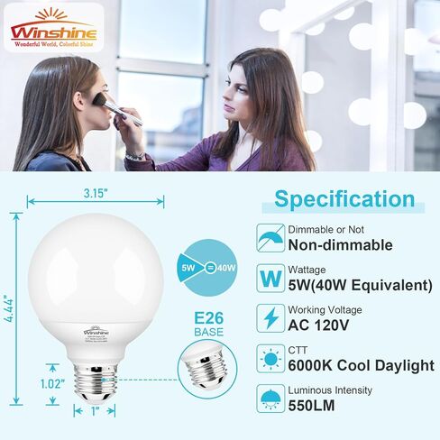 winshine 8 Pack E26 LED Globe Light Bulbs, 3000K Soft White 40W Equivalent 120V Bathroom Light Bulbs, G25 Vanity Light Bulb for Bathroom Makeup Mirror, Bedroom Lights CRI85+, 550LM, Non-dimmable in Saudi Arabia