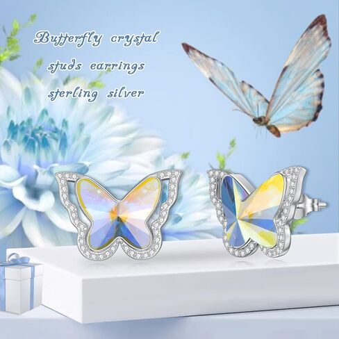 Butterfly Earrings Emerald Earrings Studs Sterling Silver Birthstone Stud Earrings Butterfly Austrian Crystal Earrings for women Girls Anniversary Christmas Birthday Gift (Blue) in Saudi Arabia