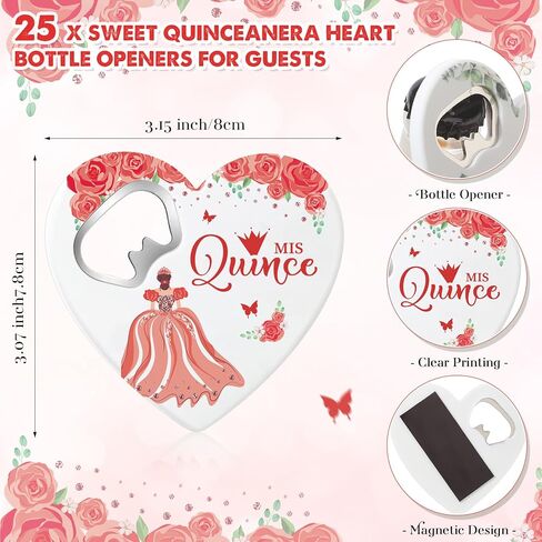Maxcheck 25 مجموعة من هدايا حفلات Quinceanera للضيوف، فتاحة زجاجات على شكل قلب وردي، 15 مغناطيس ثلاجة، بطاقة شكر لضيوف حفلة Quinceanera، هدية تذكارية للفتيات بعمر 15 عامًا (وردي) in Saudi Arabia