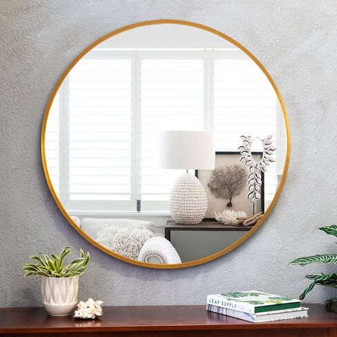 NeuType 36inch Round Mirror Circle Wall Mirror Metal Framed Wall Mirror Large Vanity Hanging Decorative Mirrors for Wall Bathroom Bedroom Living Room (Gold, 36" x 36") in Saudi Arabia
