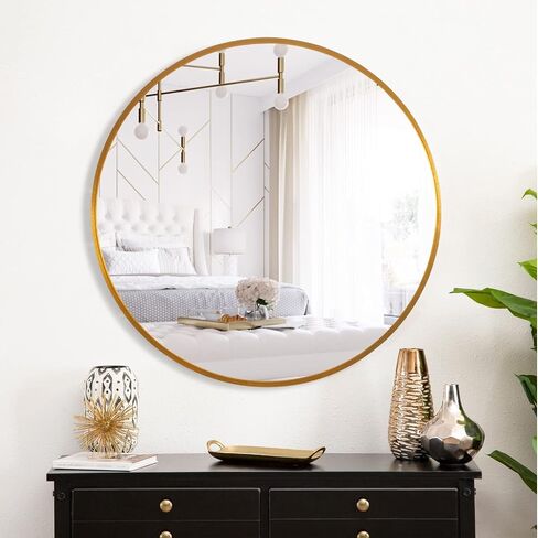 NeuType 36inch Round Mirror Circle Wall Mirror Metal Framed Wall Mirror Large Vanity Hanging Decorative Mirrors for Wall Bathroom Bedroom Living Room (Gold, 36" x 36") in Saudi Arabia