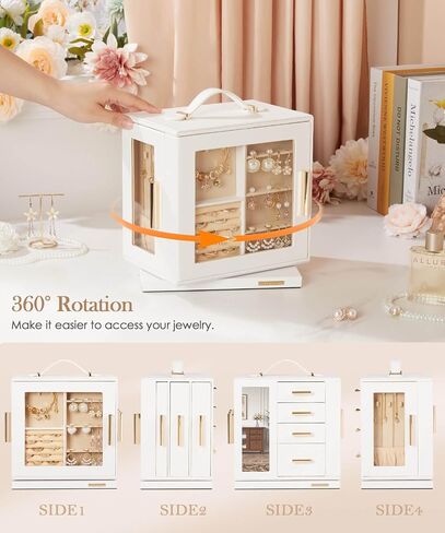 صندوق مجوهرات Homde يدور 360 درجة، منظم مجوهرات مع نافذة شفافة، مرآة، 7 أدراج، حقيبة تخزين كبيرة لعرض المجوهرات للفتيات والنساء (أبيض) in Kuwait