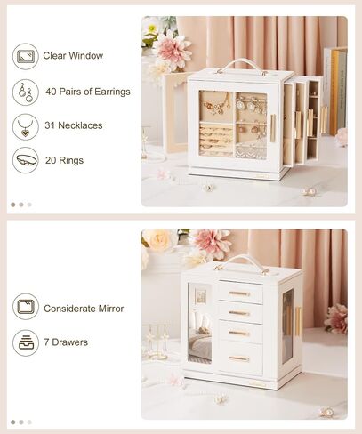 صندوق مجوهرات Homde يدور 360 درجة، منظم مجوهرات مع نافذة شفافة، مرآة، 7 أدراج، حقيبة تخزين كبيرة لعرض المجوهرات للفتيات والنساء (أبيض) in Kuwait