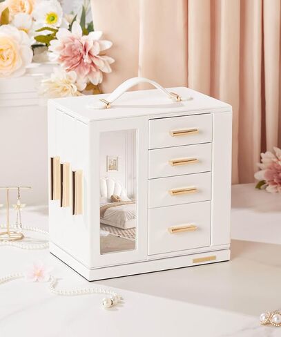 صندوق مجوهرات Homde يدور 360 درجة، منظم مجوهرات مع نافذة شفافة، مرآة، 7 أدراج، حقيبة تخزين كبيرة لعرض المجوهرات للفتيات والنساء (أبيض) in Kuwait