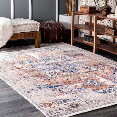سجادة NuLOOM Harriet Vintage Medallion هامش المنطقة - 8 سجادة منطقة مربعة تقليدية عاجية/متعددة الألوان لغرفة المعيشة وغرفة النوم وغرفة الطعام والمطبخ in Saudi Arabia