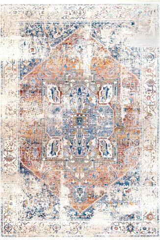 سجادة NuLOOM Harriet Vintage Medallion هامش المنطقة - 8 سجادة منطقة مربعة تقليدية عاجية/متعددة الألوان لغرفة المعيشة وغرفة النوم وغرفة الطعام والمطبخ in Saudi Arabia