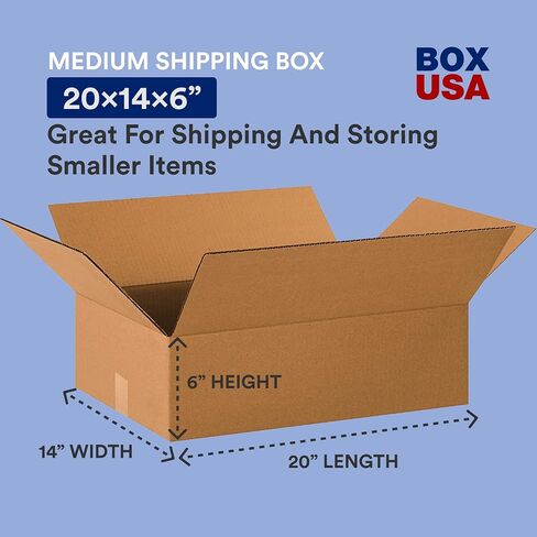 صناديق شحن BOX USA مسطحة مقاس 20 بوصة طول × 14 بوصة عرض × 6 بوصة ارتفاع، 25 عبوة | صندوق من الورق المقوى المموج للتعبئة والنقل والتخزين in Saudi Arabia