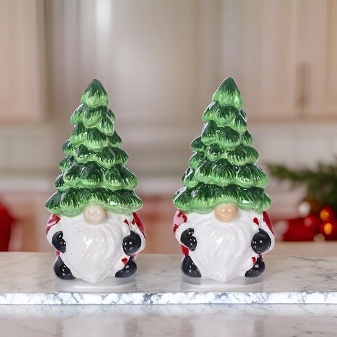 The Bridge Collection Christmas Tree Gnome Salt & Pepper Shakers - Festive Gnome Ceramic Salt & Pepper Shakers - Holiday Kitchen Tabletop Decor in Saudi Arabia