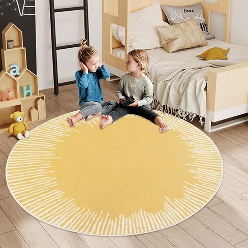 Modern Abstract Area Rug 5Ft Round Chic Sunshine Rug Nonslip Bedroom Carpet for Kids Living Room Sun Floor Mat Circle Throw Rug for Indoor Home Decor, 5.2Ft, Yellow in Saudi Arabia