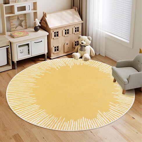 Modern Abstract Area Rug 5Ft Round Chic Sunshine Rug Nonslip Bedroom Carpet for Kids Living Room Sun Floor Mat Circle Throw Rug for Indoor Home Decor, 5.2Ft, Yellow in Saudi Arabia