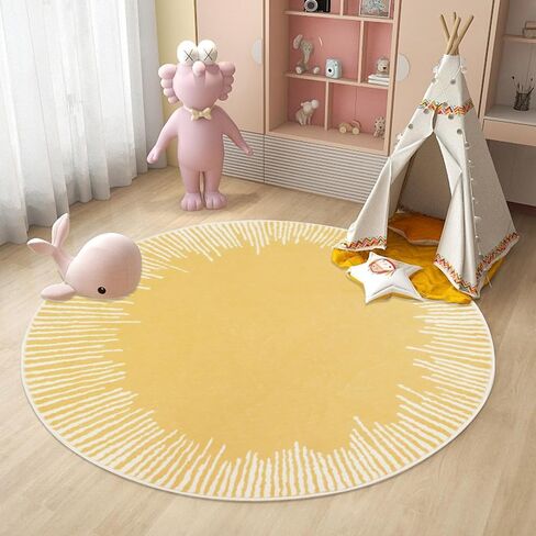 Modern Abstract Area Rug 5Ft Round Chic Sunshine Rug Nonslip Bedroom Carpet for Kids Living Room Sun Floor Mat Circle Throw Rug for Indoor Home Decor, 5.2Ft, Yellow in Saudi Arabia