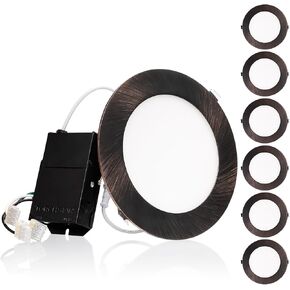 إضاءة TORCHSTAR مقاس 6 بوصات 5CCT مع J-Box، إضاءة LED رفيعة للغاية، إضاءة سفلية من الألومنيوم قابلة للتعتيم بدون غطاء، ETL&ES، 2700K/3000K/3500K/4000K/5000K، برونز مطلي بالزيت، حزمة من 6 قطع