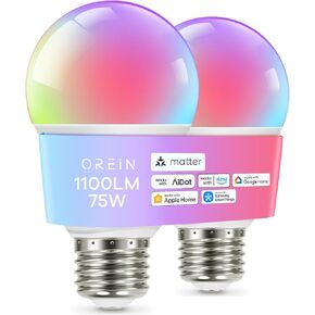 OREiN Matter Smart RGBTW Bulb, 1600 Lumens 100W Equivalent Smart Light Bulbs, Color Changing Light Bulbs Work with Apple Home, Alexa, Google Home, SmartThings, A21 Smart Bulbs 2.4Ghz WiFi, 2Pack