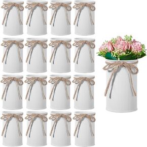 16PCS White High Farmhouse Vase, Galvanized Metal Vases,4.33 inch Decor Vintage Flower Vase with Twine Bow, French Flower Bucket，Rustic Farmhouse Vases for Home Decor Wedding Table