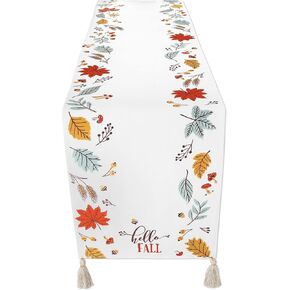 Folkulture Table Runner 90 Inches Long with Tassels for Fall Decor, 100% Cotton White Table Runner, Rustic Boho Table Runner or Farmhouse Table Runners, Coffee Table Runner (Hello Fall)