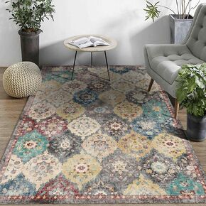 Machine Washable Rug - Vintage Design Area Rugs with Non Slip Rugs for Living Room Bedroom Floral Print Rug Carpet Stain Resistant, Home Decor Office Area Rug (Terracotta Turquoise, 3 * 5)