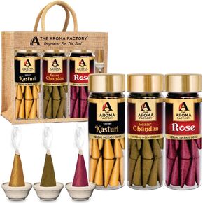 The Aroma Factory Organic Dhoop Cones | Kesar Chandan, Kasturi Musk & Rose Incense Cones | No Charcoal, Scented Incense | 3x30 Cones, Pack of 3 Jute Bag Giftset