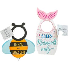 Set of 2 Decorative Door Signs - Includes 1 Sorry Mermaids Only Mermaid Tail Door Sign and 1 Be Kind or Buzz Off Bumble Bee Honey Bee Door Sign - Perfect for Kids Rooms, Play Rooms, Gifts, etc.