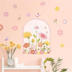 Pink Flower Arch Wall Decals, Boho Floral Butterflies Wall Stickers Removable Creative Self Adhesive Wall Art Sticker Home Decor for Girls Baby Nursery Kids Room Living Room