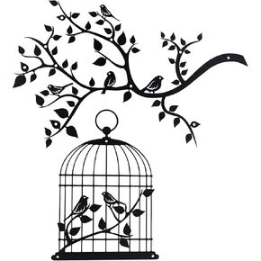 LIOUCBD Metal Bird Wall Art Decor, Vivid Birds on Branch with Birdcage, Leaves with Birds Metal Sculpture, Metal Tree Leaf Wall Hanging Sign for Home Garden Office Living Room Decor