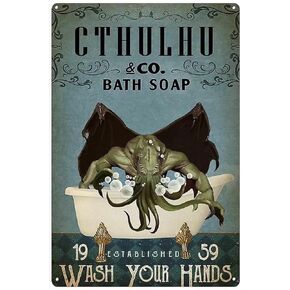 Funny Bathroom Octopus Metal Sign Cthulhu Bath Coap Wash Your Hands Tin Sign Retro Plaque Wall Decor For Home Garden Kitchen Pub Bar Cafe Man Cave 8x12 Inch