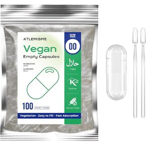 Empty Vegan Capsules Size 00 - Vegan Capsules Empty (100 Count) Empty Capsules DIY Vegetable Capsule Filling - Veggie Capsules Empty Caps with 2 Micro Lab Spoons for Capsule Filling