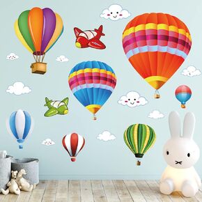 RW-8070 3D Colorful Hot Air Balloons Wall Decals Cartoon Aircrafts Smile Clouds Wall Stickers DIY Removable Hot Air Balloons Airplane Clouds in The Sky Wall Decor for Kids Bedroom Nursery Living Room