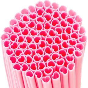 Snowfall 50 pcs Heart Shaped Disposable Straws- Plastic Drinking Cute Straw for Valentines Day Cocktail Birthday Party Bridal Shower Wedding Supplies, Individually Wrapped, Pink
