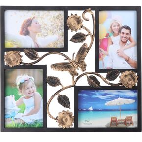 ULTNICE Decorative Wall Hanging 4 Opening Photo Frame, Vine Vintage Flower 3D Butterfly Collage Frame Picture Frame for Living Room Office Bedroom 1pc (Black)