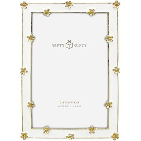 Spring Flower Thin Border Photo Frame / 4x6 In | For Vertical & Horizontal Display on Tabletops | Perfect for Home Decor, Wedding, Graduation, Or Milestone Photos (White+Gold)