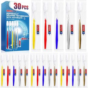30 PCS Individually Wrapped Bulk Toothbrushes with Toothpastes, Colorful Manual Disposable Toothbrushes for Adult or Kid, Ergonomics Handle, Medium Soft Bristles, Perfect for Travel, Hotel, Donation
