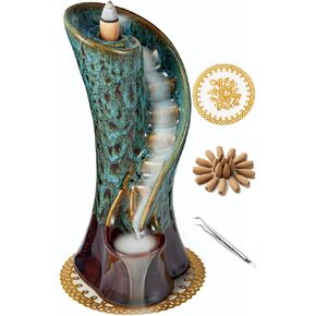 Unique Cloud Stairs Ceramic Waterfall Incense Holder, Paired with a Pack of Backflow Incense Cones.(Fambe Blue)
